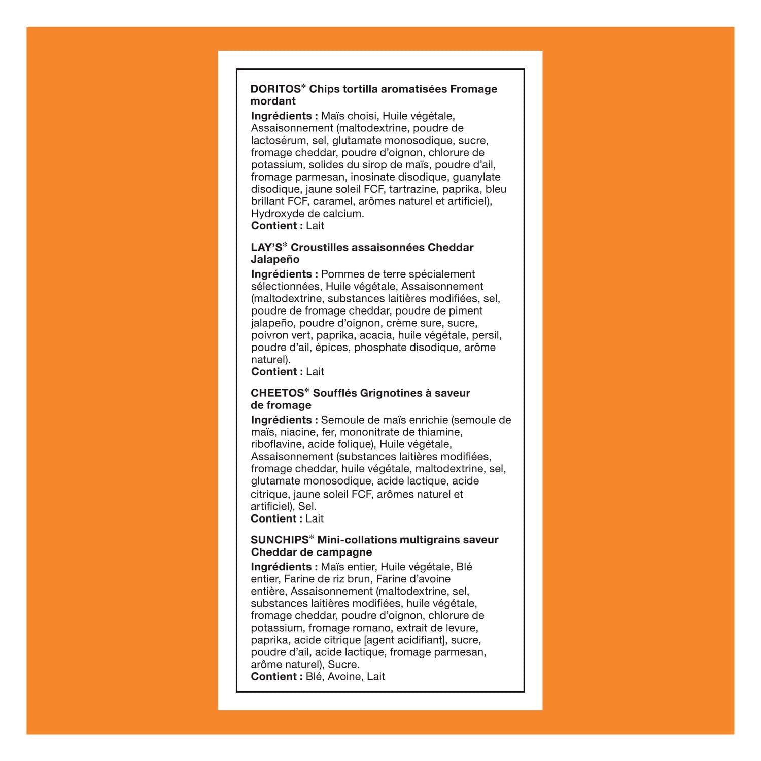 Frito-Lay Chips Variety Pack, Cheesy Mix, (Doritos Zesty Cheese, Lays Cheddar Jalapeno, Cheetos Cheese Puffs & Sun Chips Harvest Cheddar Flavors), (16ct x 28g), 448g, ingredients label in French.