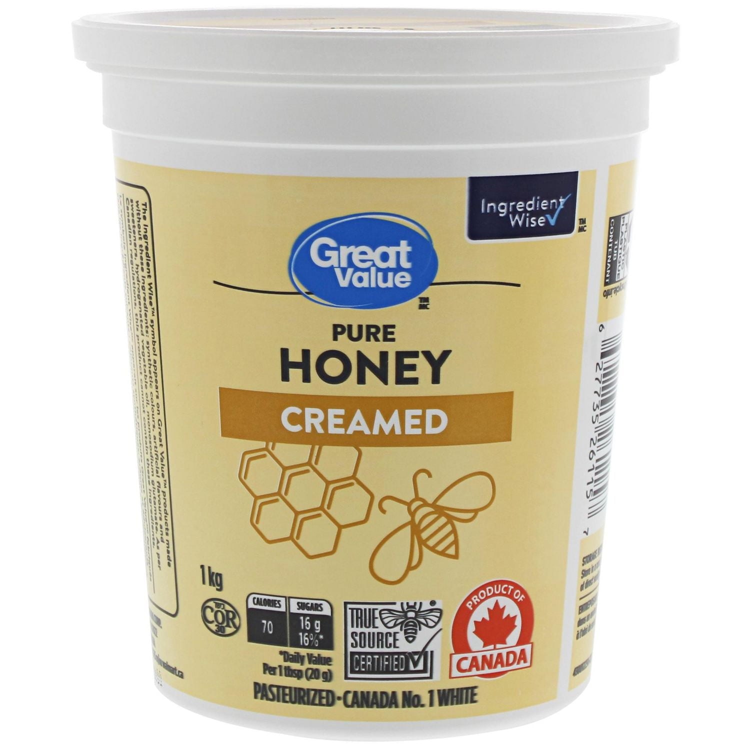 Great Value Pure Creamed Honey, 1kg/35.3 oz., Tub, front of tub.