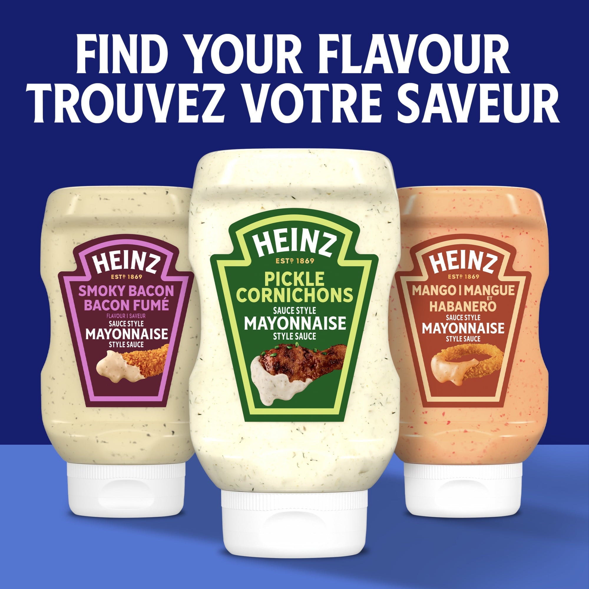 Three Heinz mayonnaise bottles with different flavors on a blue background