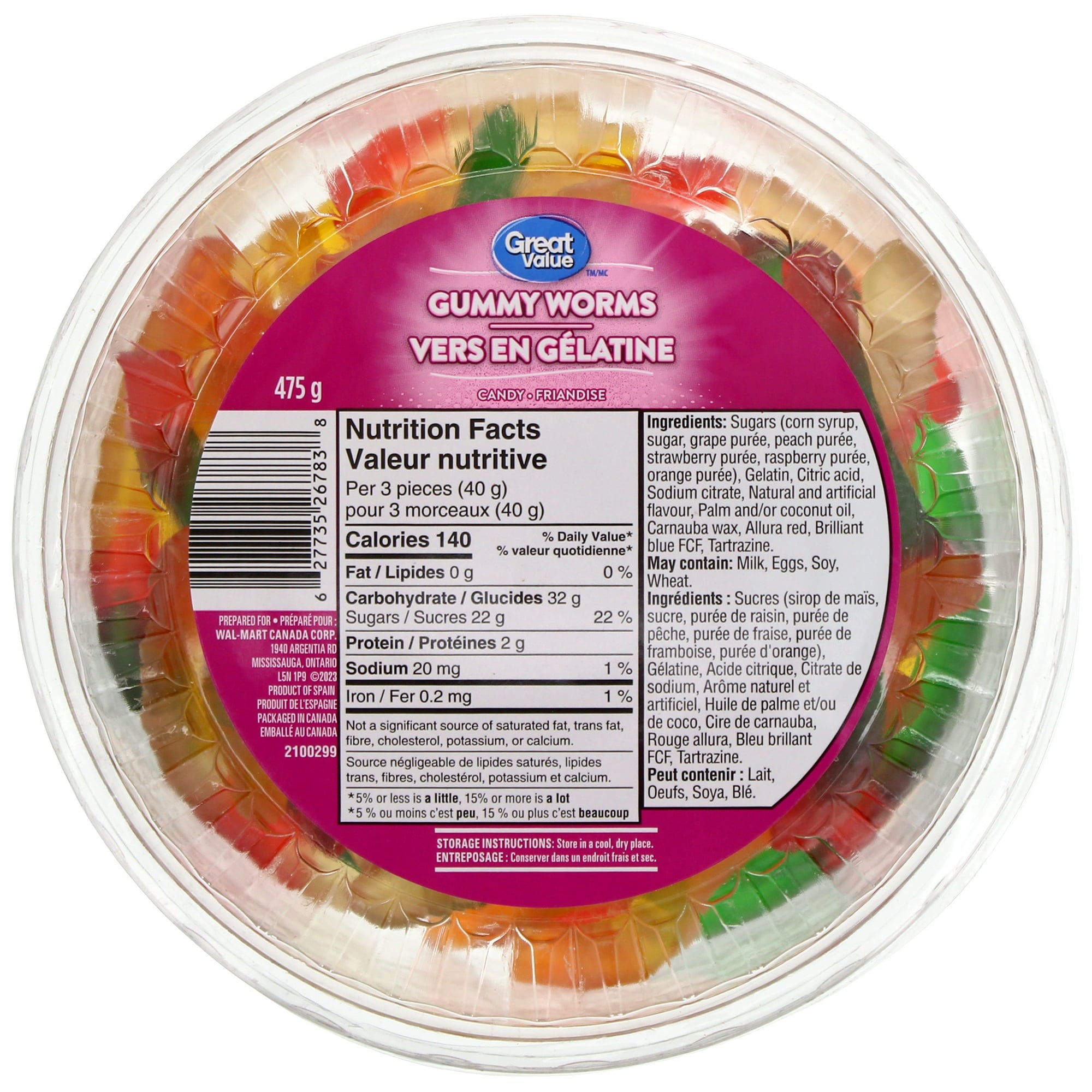 Great Value Gummy Worms Candy, 475g/1.1 lb., Tub, front of tub.