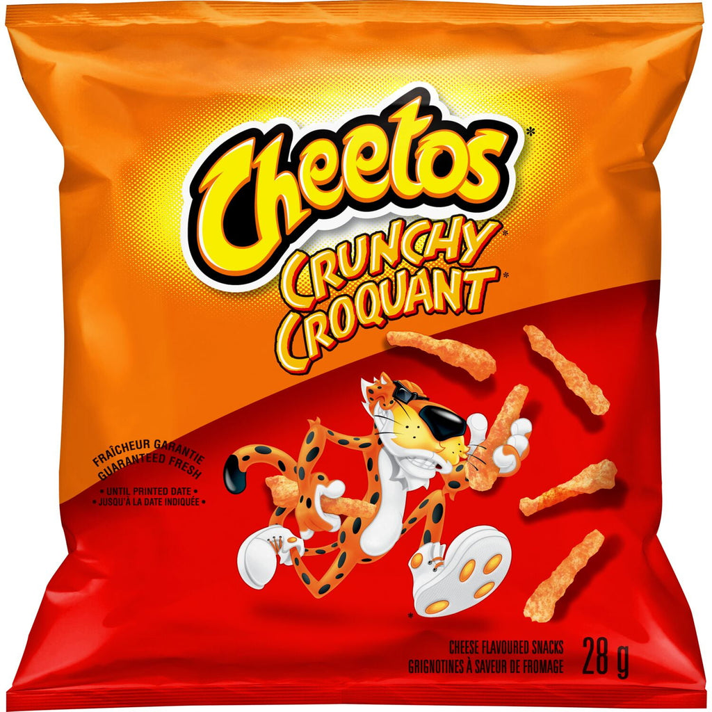 Frito-Lay Chips Variety Pack, Flavor Mix, Lays Ketchup, Doritos Original, Ruffles BBQ, Cheetos Crunchy, Smartfood White Cheddar (16ct x 28g), 448gfront of Cheetos crunchy puffs bag, 28g.