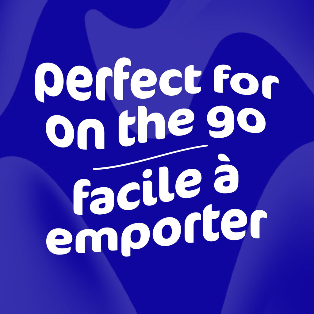 Text 'Perfect for on the go on a blue abstract background
