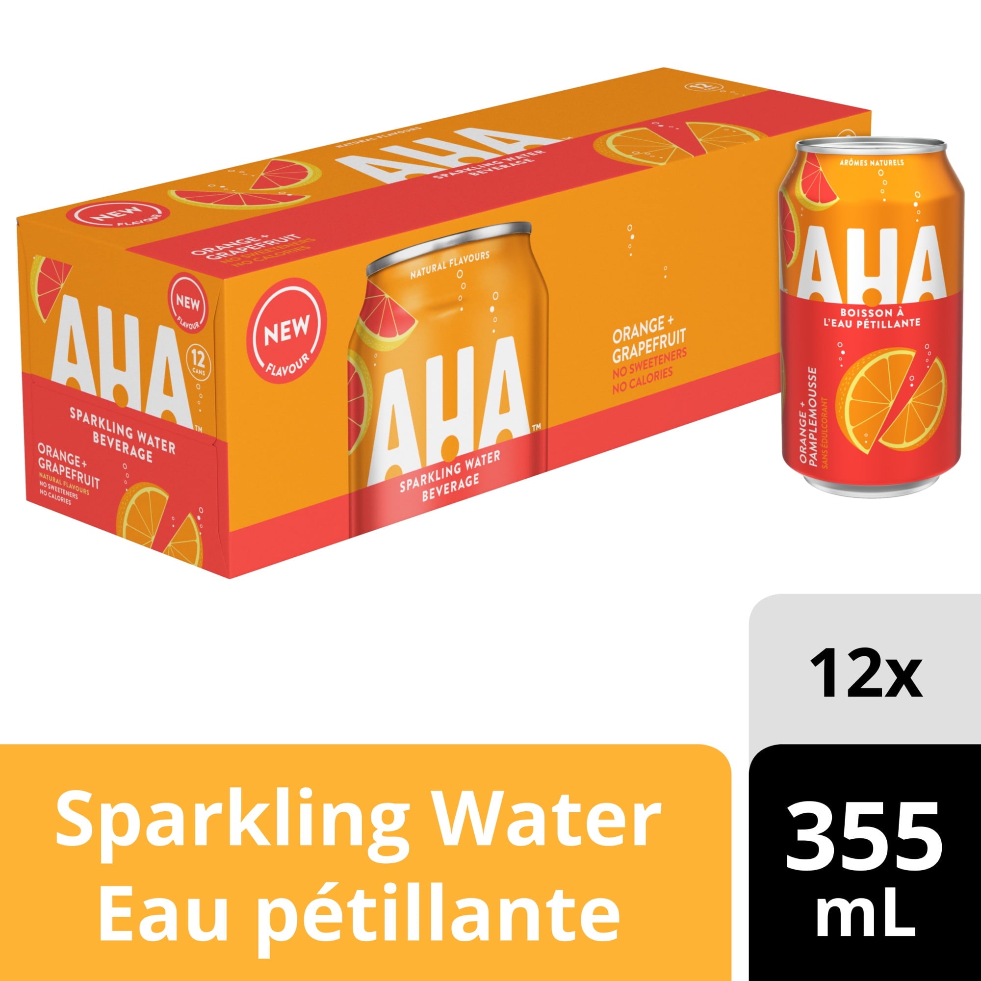 Packaging of AHA Orange Grapefruit sparkling water with a can on a white background