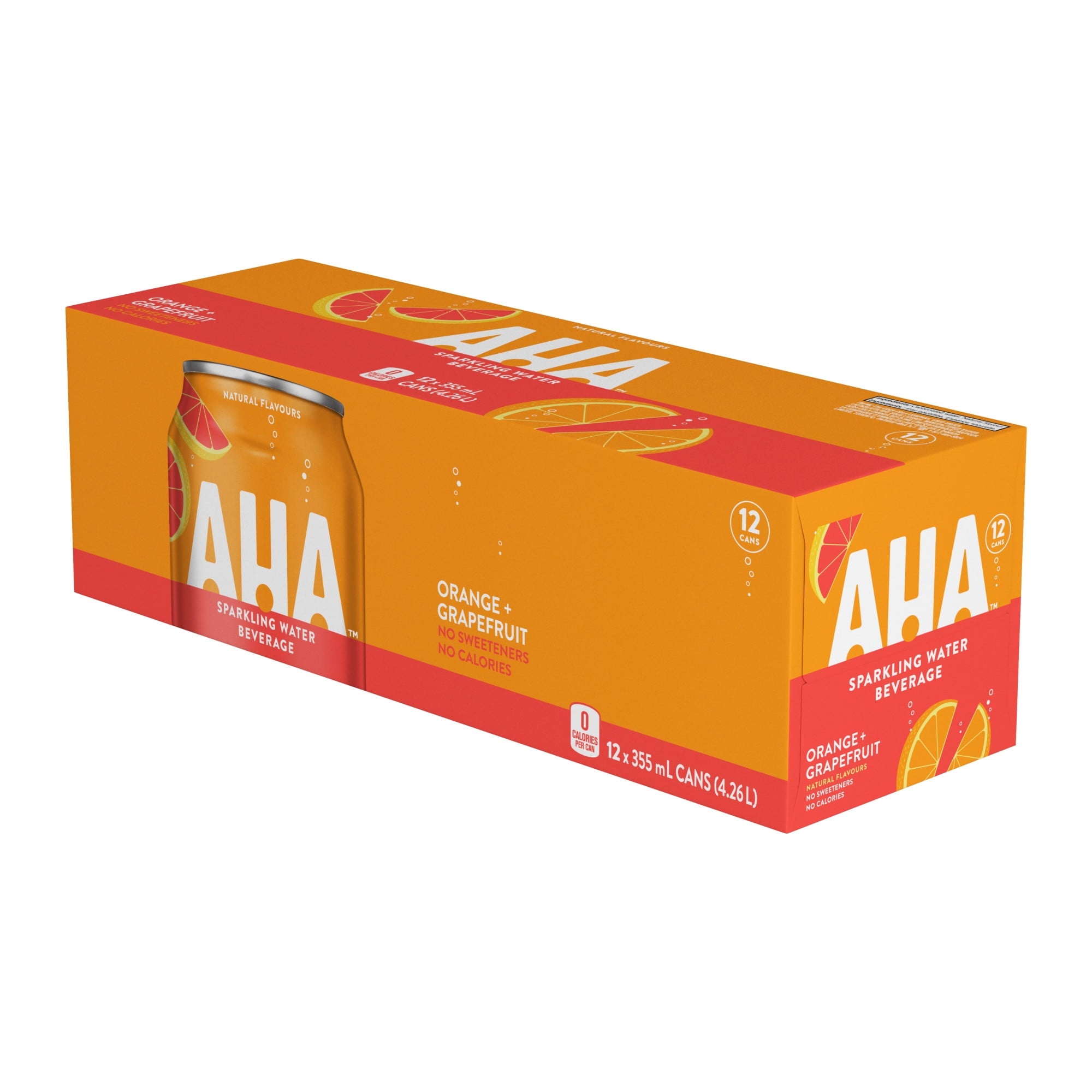 Box of AHA Orange & Grapefruit sparkling water on a white background