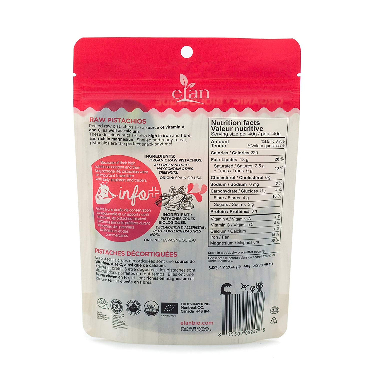 ELAN Organic Raw Pistachios, 135g/4.8oz., {Imported from Canada}