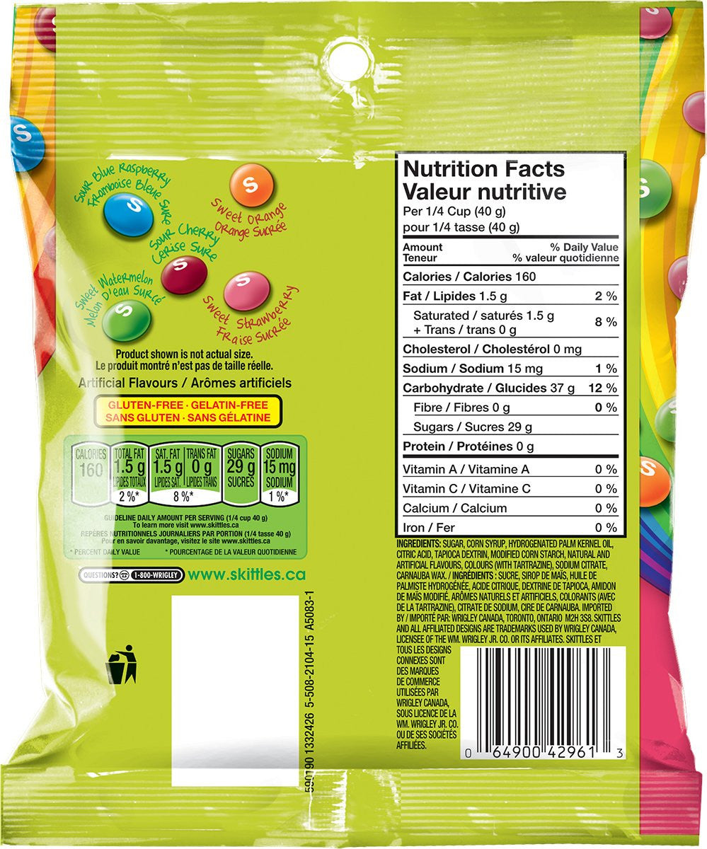 Skittles Sweet & Sour Candy 191g/6.73oz Peg Bag {Imported from Canada}