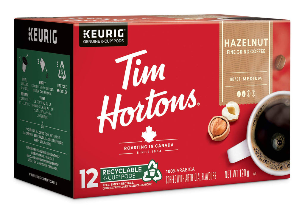 Tim Hortons Hazelnut Light Medium Roast Coffee, Keurig K-cup compatible pods, 120g, 12 pods {Imported from Canada}