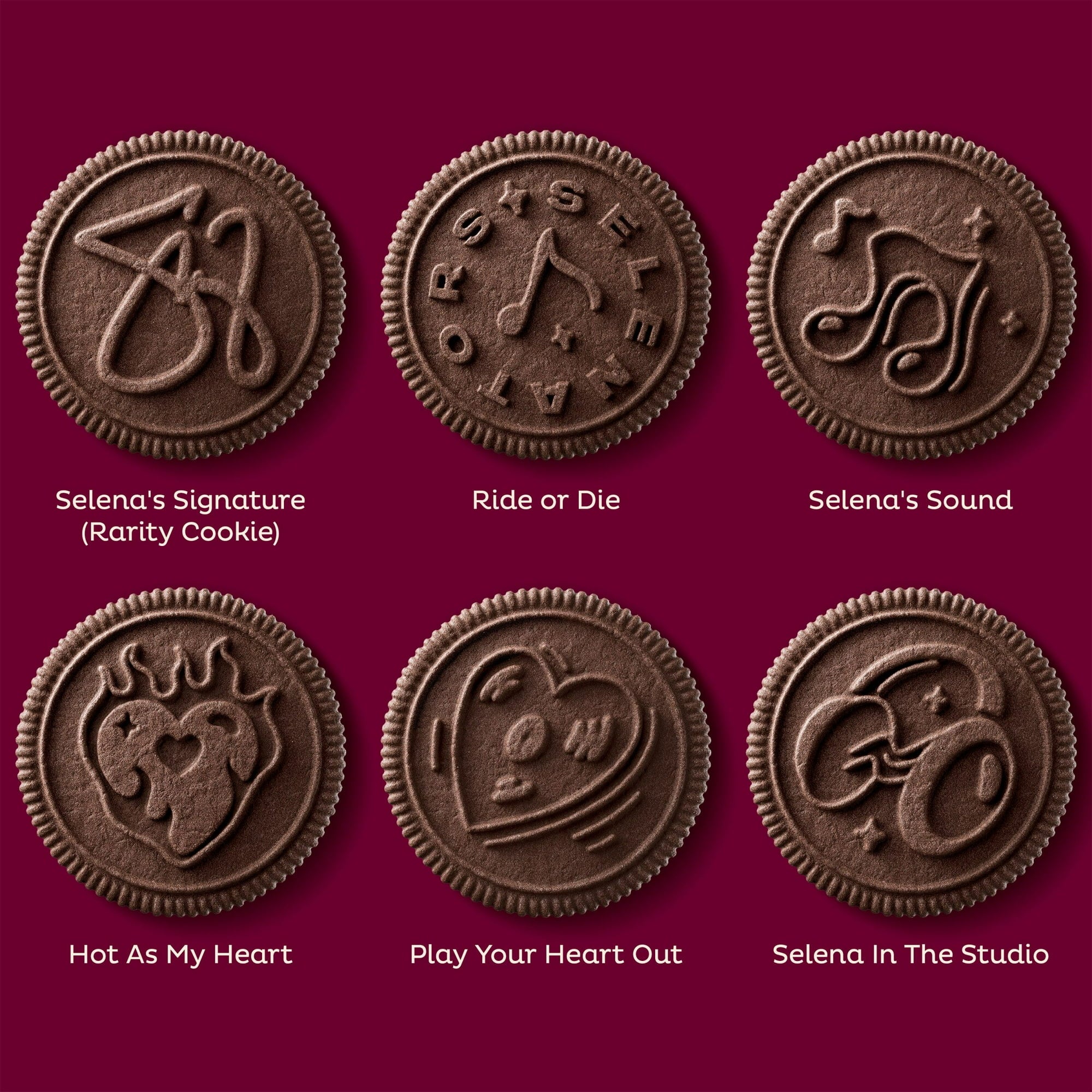 Oreo SELENA GOMEZ Chocolate & Cinnamon Creme Sandwich Cookies, 303g/10.6 oz - Collection of chocolate cookies with Selena Gomez branding on a red background