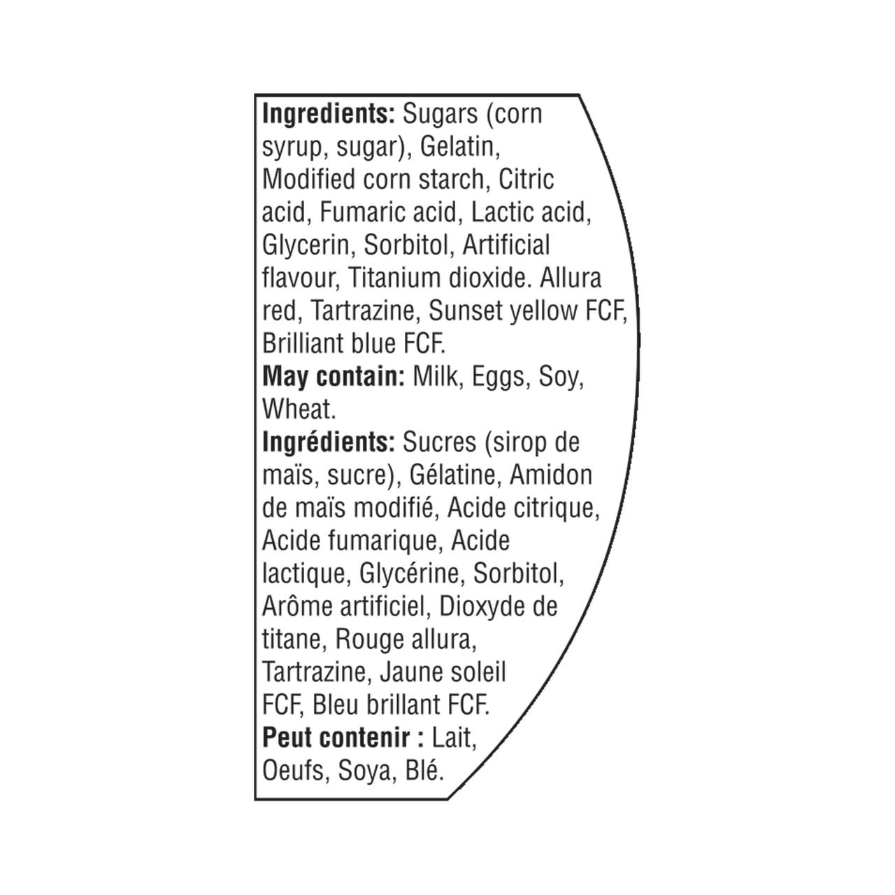 Great Value Sour Worms Gummy Candy, 450g/15.9 oz., Tub, ingredients label.
