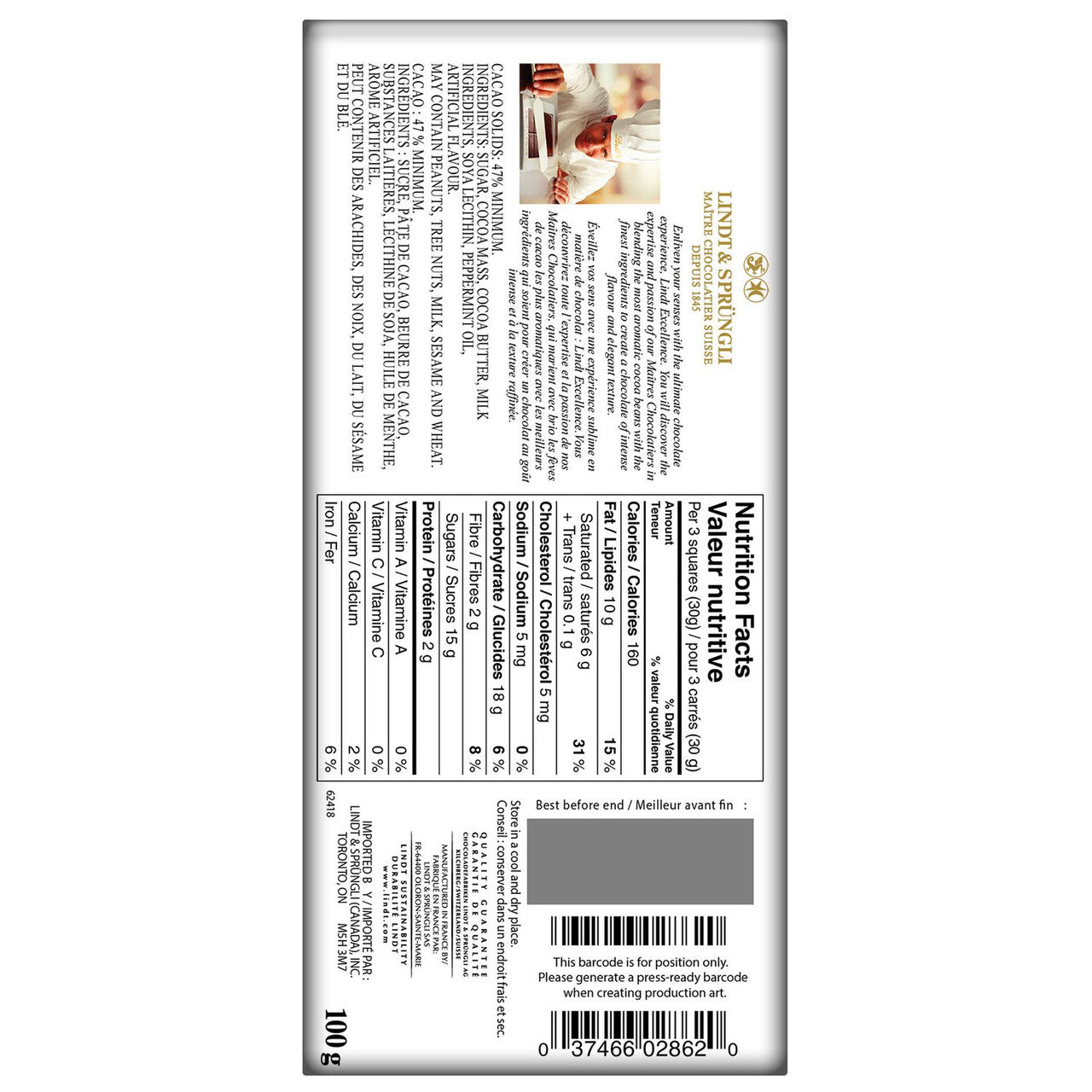 Lindt Excellence Intense Mint Dark Chocolate Bar, 100g/3.5 oz. {Imported from Canada}