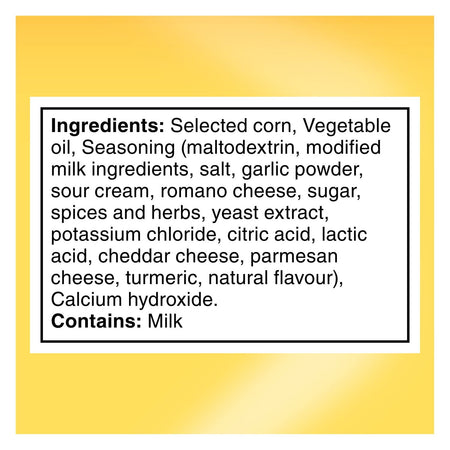 List of ingredients for Doritos Ultimate Garlic Parm Flavored Tortilla Chips, 69g bag on a yellow background