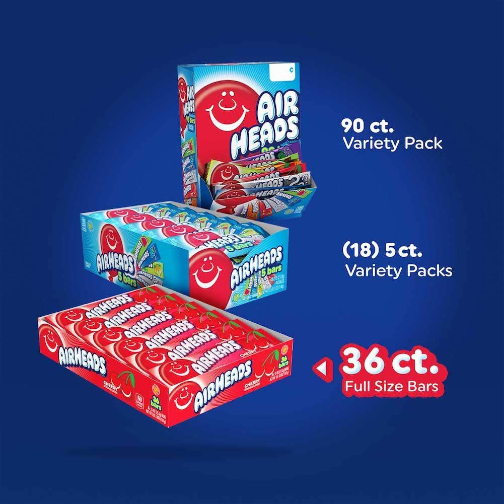 Airheads Candy Individually Wrapped Bars, Cherry, 0.55 Ounce (Bulk Pack of 36)