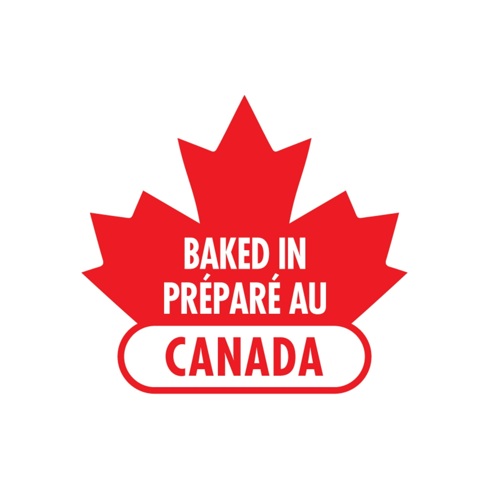 Red maple leaf with 'Baked in Canada' text on a white background
