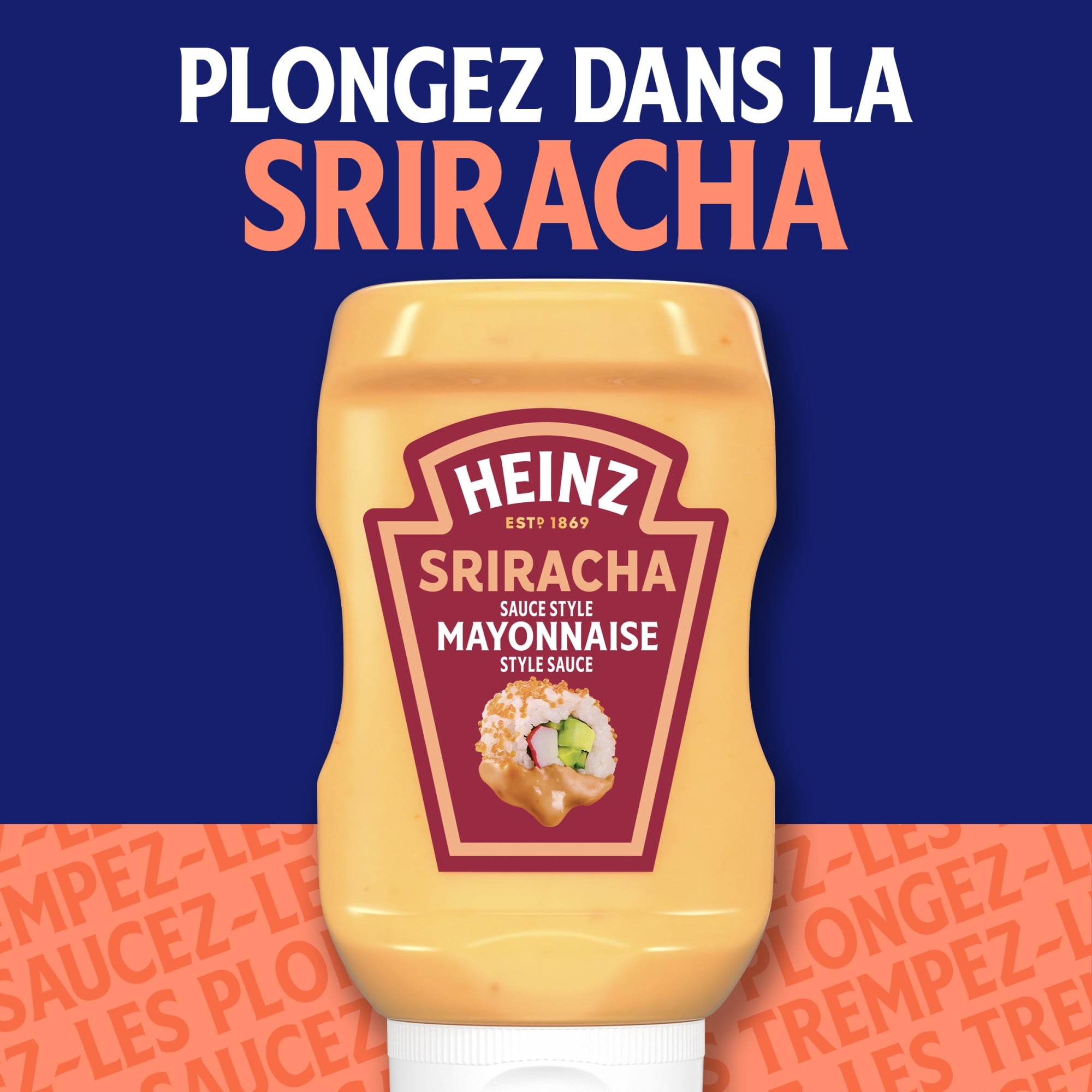 Heinz Sriracha mayonnaise bottle with text on a blue and orange background