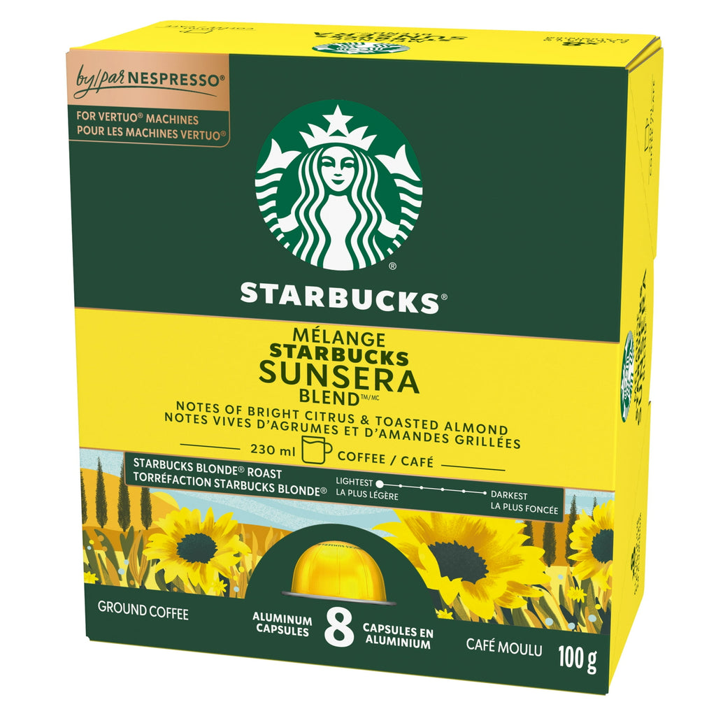 Starbucks Nespresso coffee capsule box with sunflowers on a white background