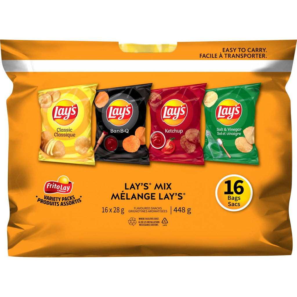 Frito-Lay Chips Variety Pack, Lay's Mix, Classic, BBQ, Ketchup, Salt & Vinegar Flavors (16ct x 28g), 448g, front of pack.