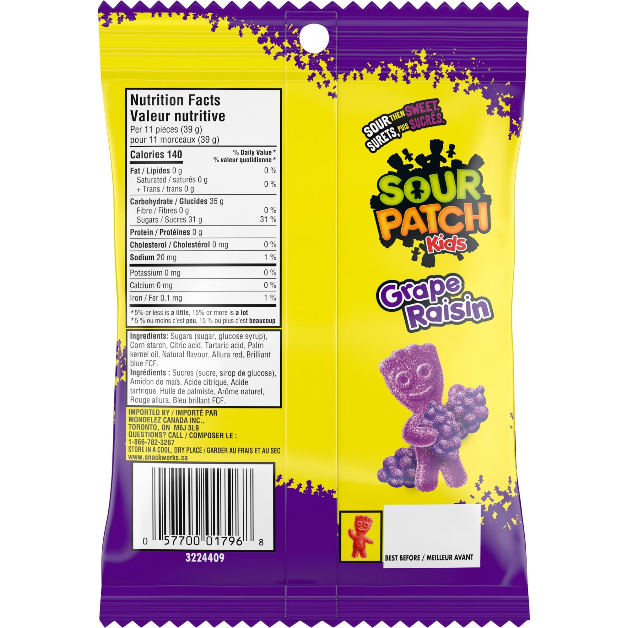 Sour Patch Kids, Grape Flavor 154g/5.4 oz., Bag - Back
