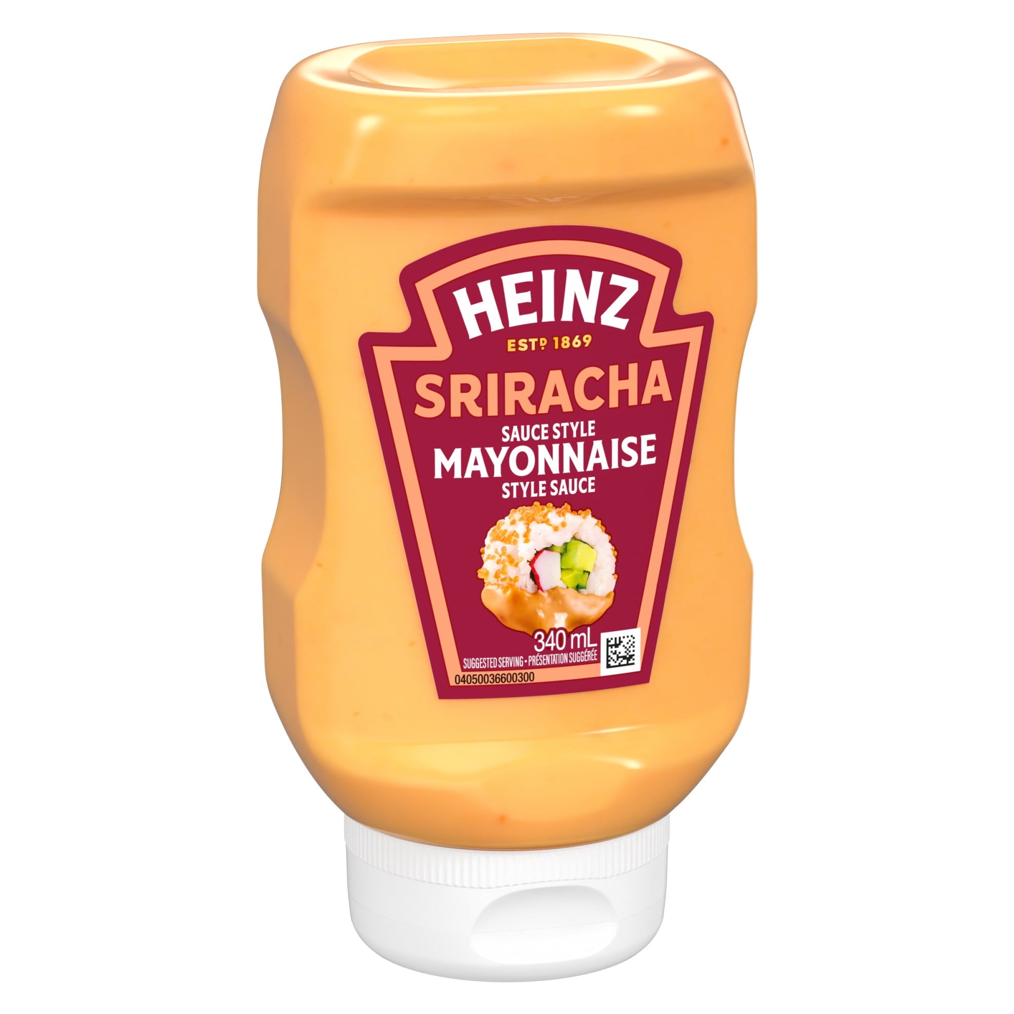 Angle of a Heinz Sriracha mayonnaise 340ml bottle on a white background