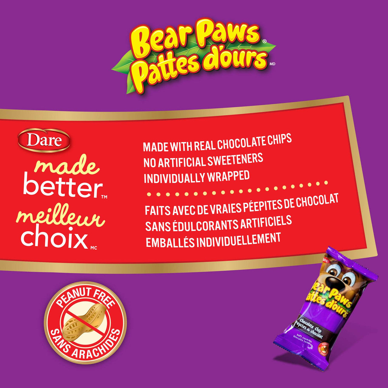 Dare Bear Paws, Chocolate Chip Soft Cookies, 480g/16.9 oz., x 12 Pouches, Family Pack, Peanut Free {Imported from Canada}