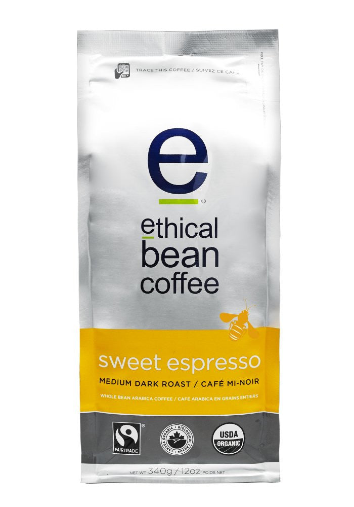 Ethical Bean Coffee Sweet Espresso: Medium Dark Roast Whole Bean, 340g/12oz. (6 pack)