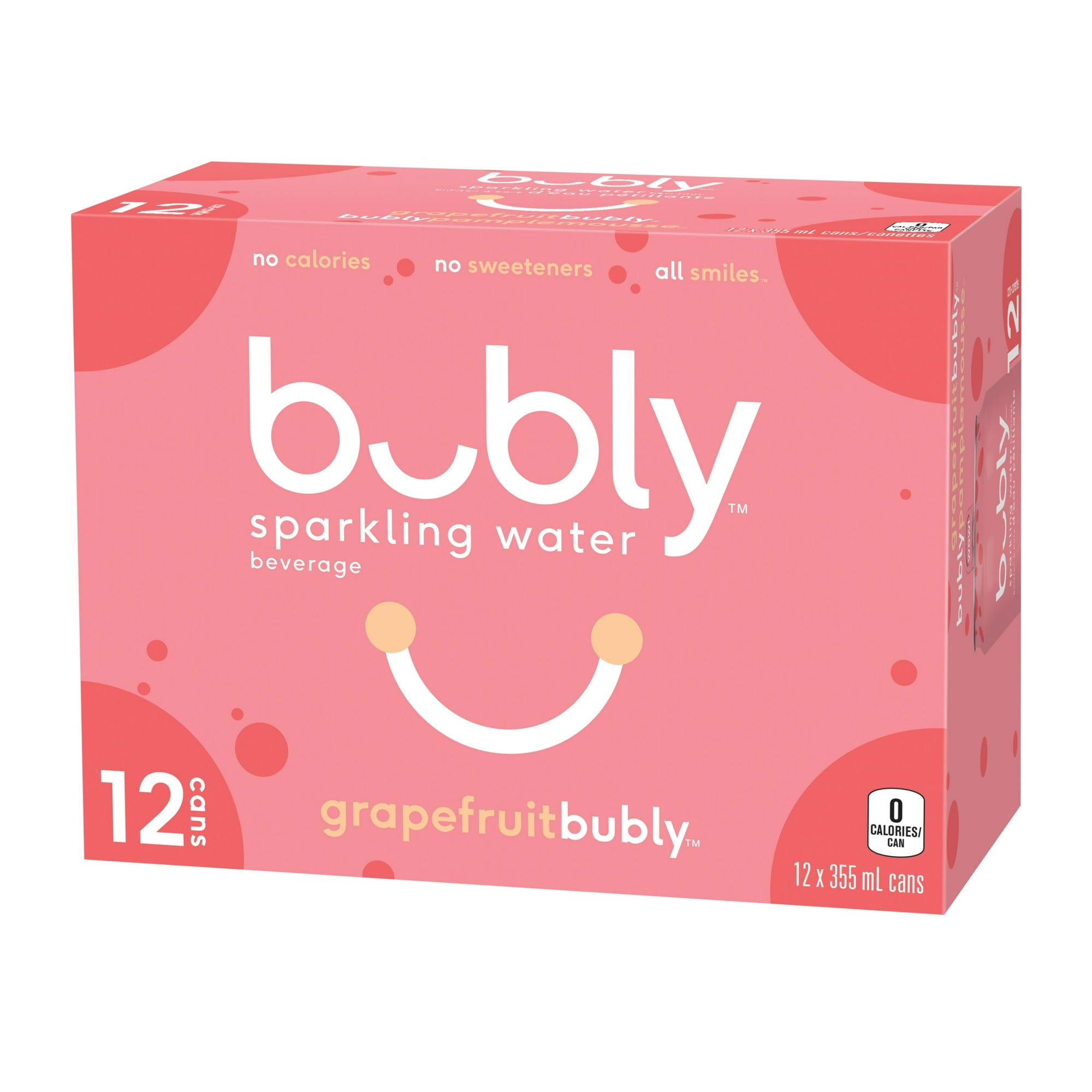 Front of Bubly Grapefruit Sparkling Water Beverage, 12x355ml cans, 4.26L/144 oz