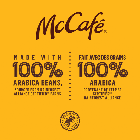 McCafé coffee label with 100% Arabica beans on a yellow background