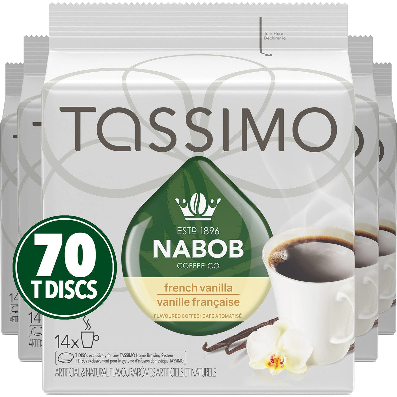 Tassimo Nabob Coffee French Vanilla, 70 T-Discs (5 Boxes of 14 T-Discs) {Imported from Canada}