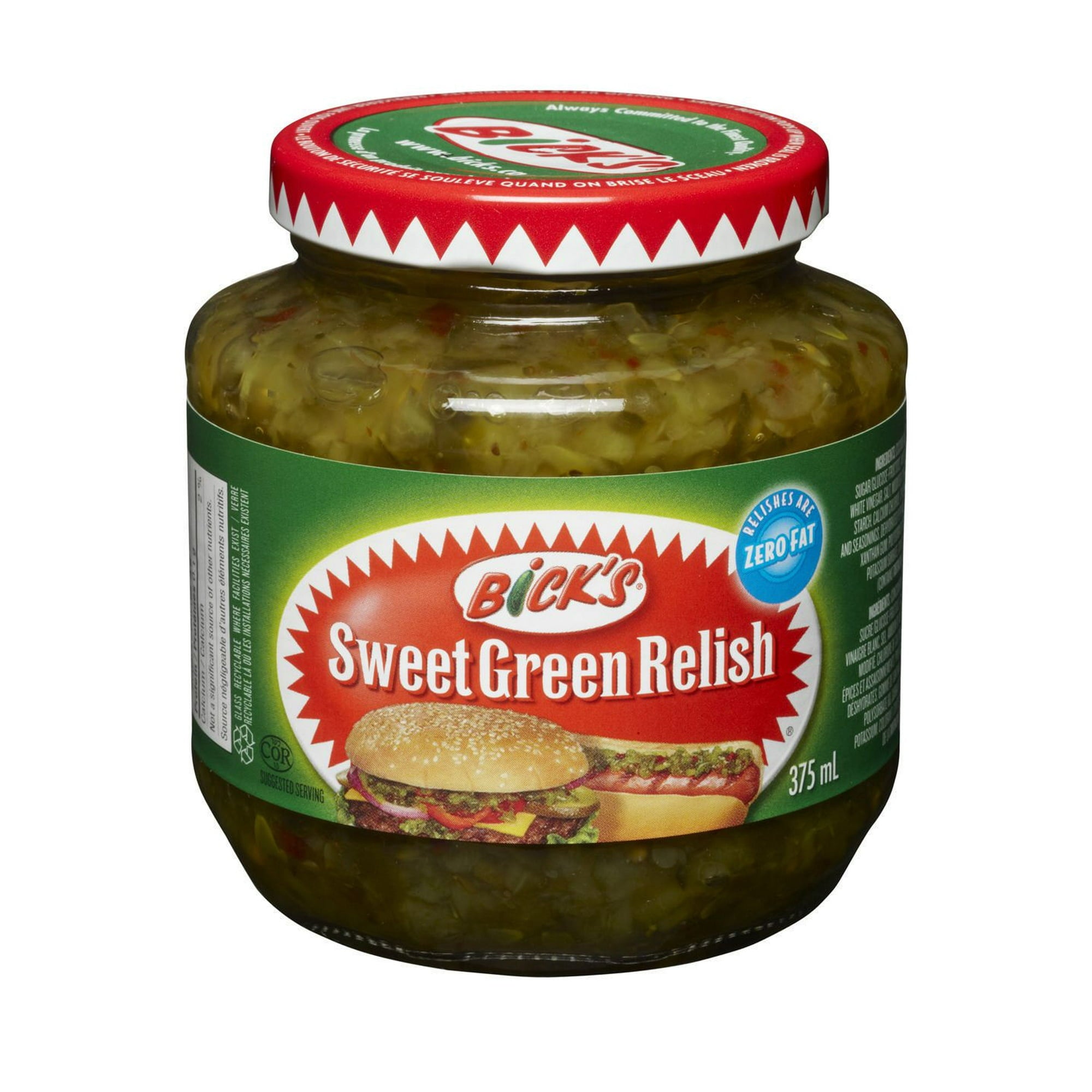 Bicks Sweet Green Relish, 375ml, front of jar.