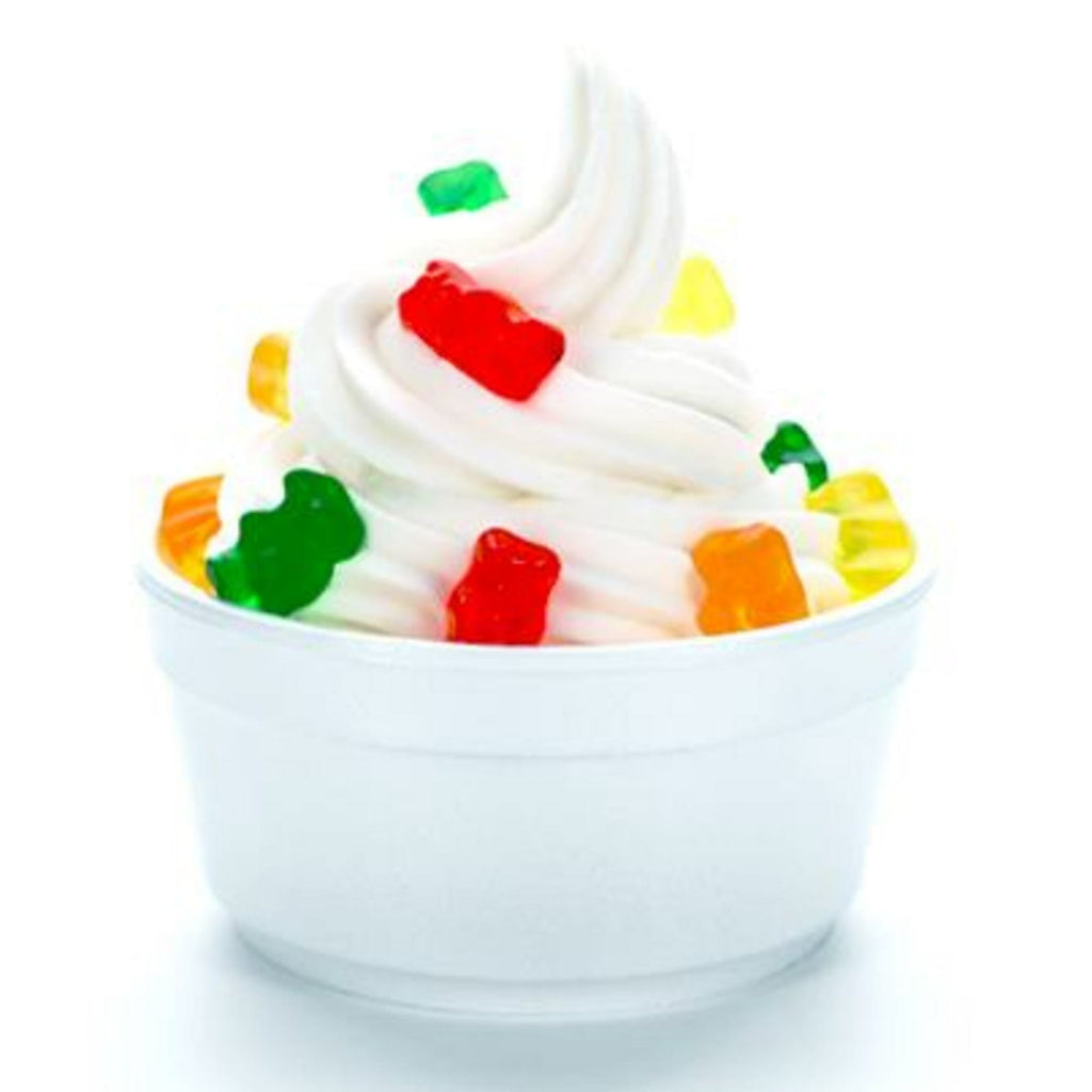 Bowl of vanilla ice cream with gummy bears on a white background