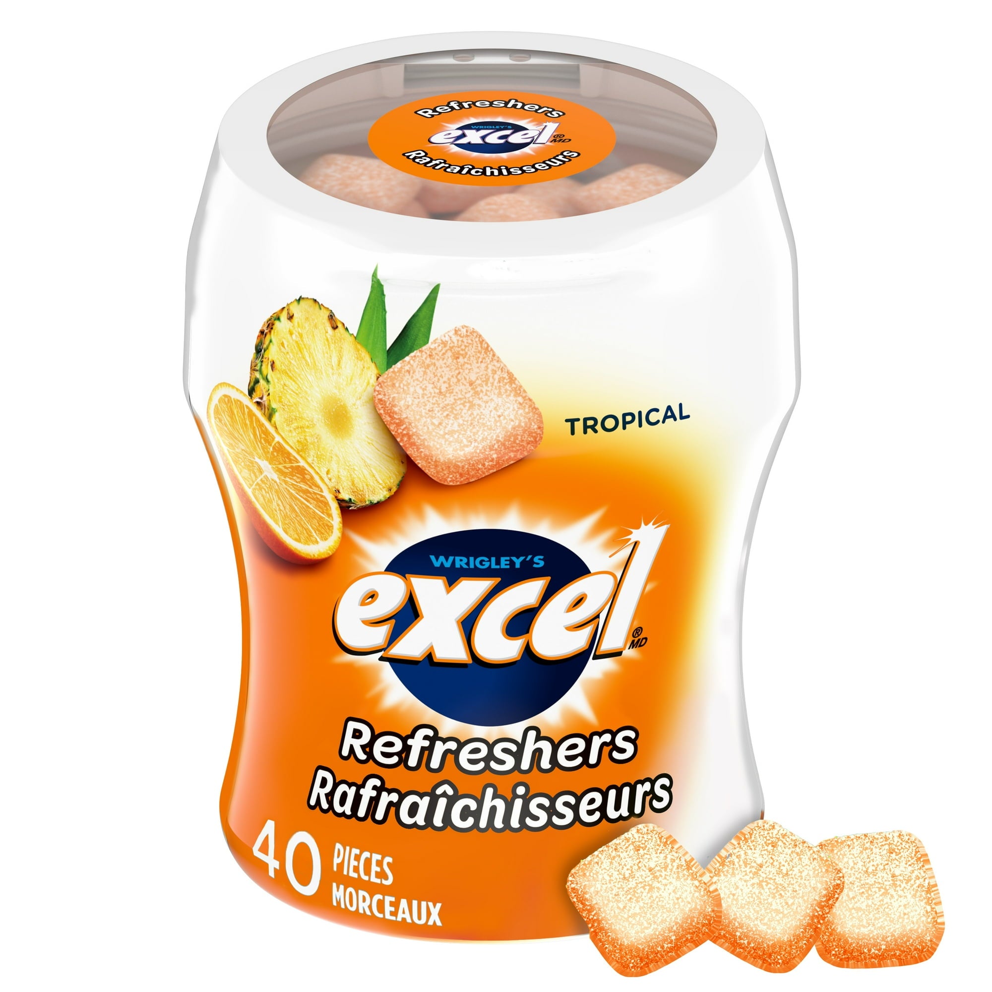 Excel Sugar-Free Gum, Refreshers Tropical, 6 ct. Package, front of one bottle.