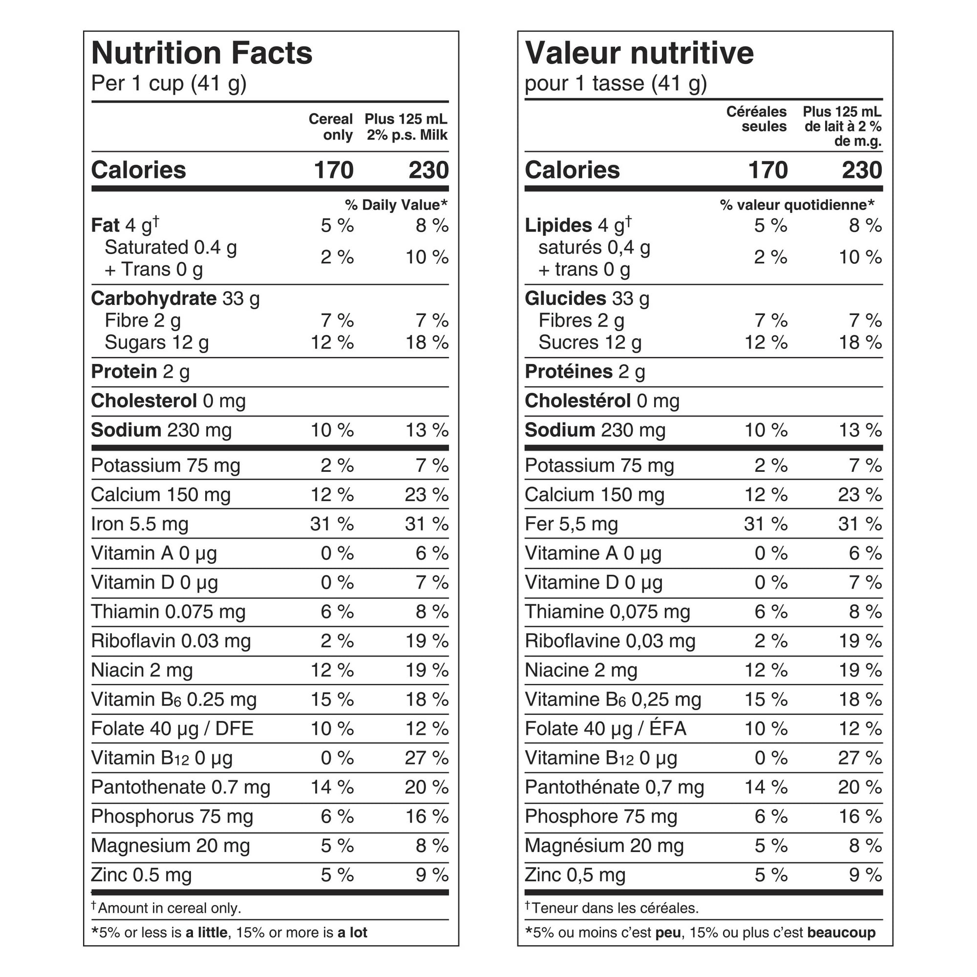 Nutrition facts label for Cinnamon Toast Crunch Breakfast Cereal, Jumbo Size, 830g/29.2 oz in both English and French.