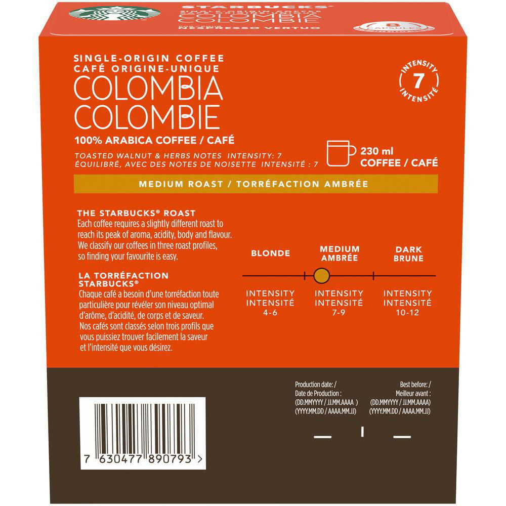 Starbucks Single Origin Colombia Medium Roast Coffee, Capsules for Nespresso Vertuo, 8 count, 100g/3.5 oz. Box {Imported from Canada}