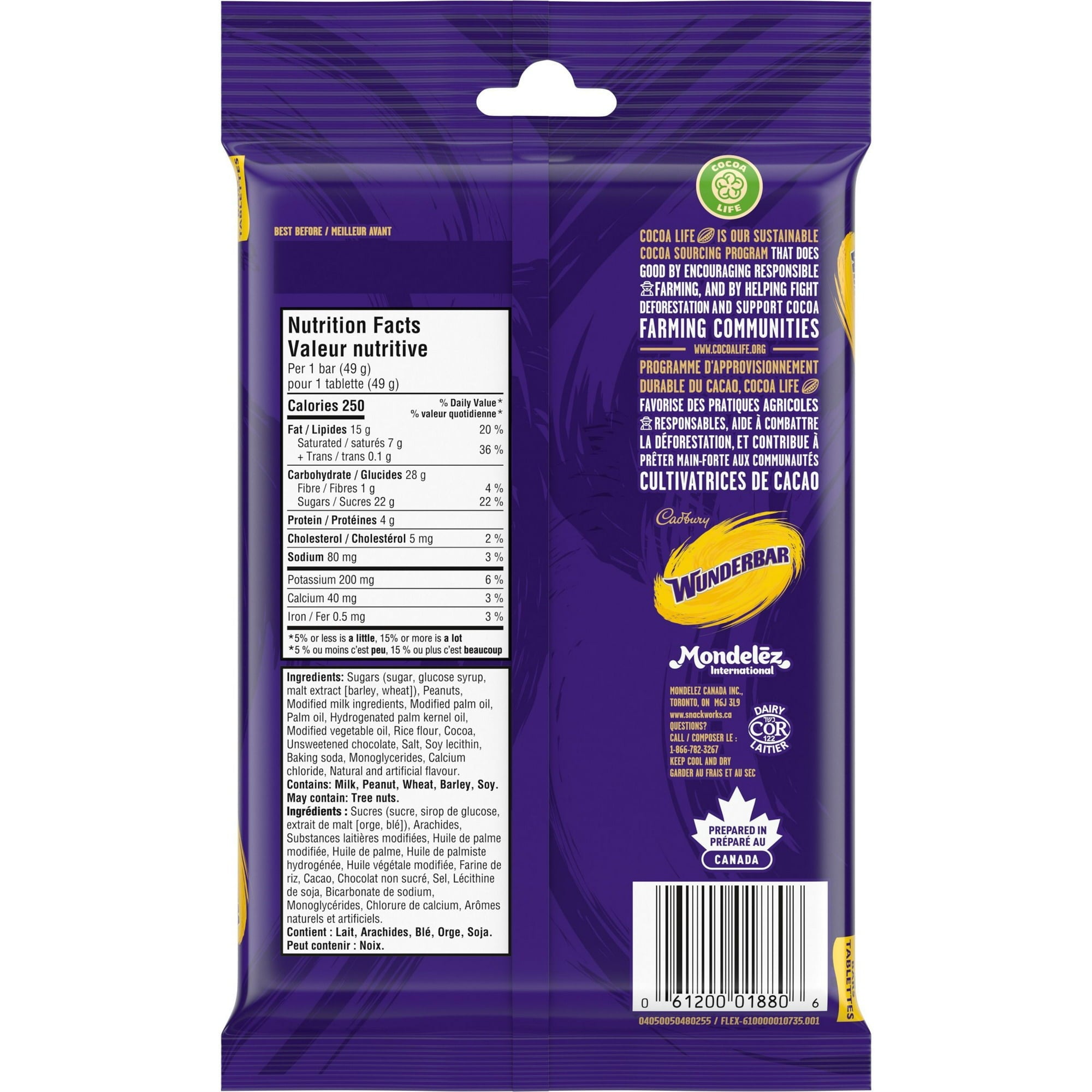 Back view of a chocolate bar packaging with branding and nutritional information.