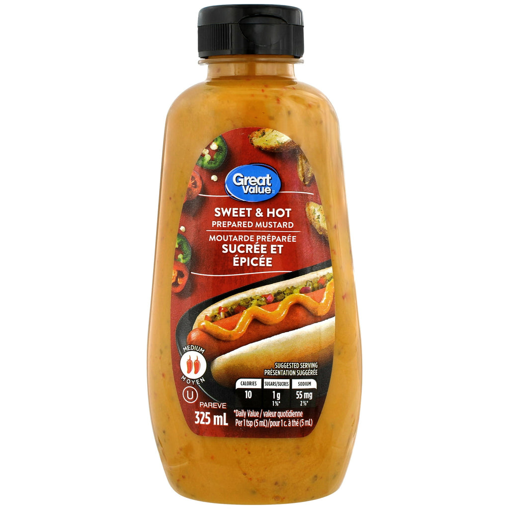 Great Value Sweet & Hot Prepared Mustard, 325ml/11 oz – Bold & Tangy Flavor for Dipping & Grilling - Front