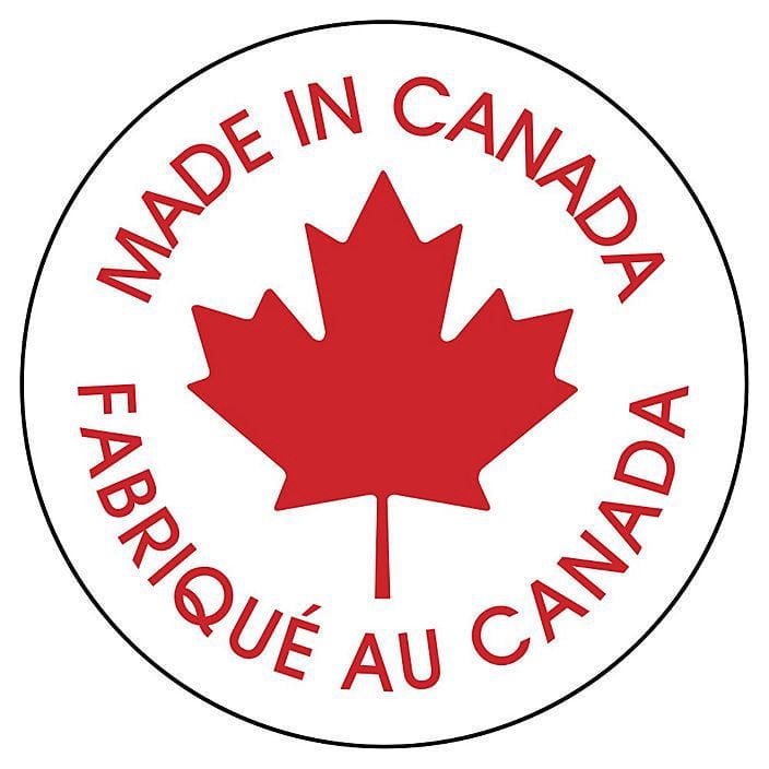 Circular logo with red maple leaf and 'Made in Canada' text on a white background
