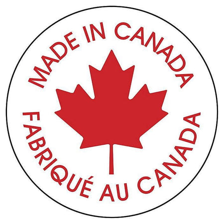Circular logo with red maple leaf and 'Made in Canada' text on a white background
