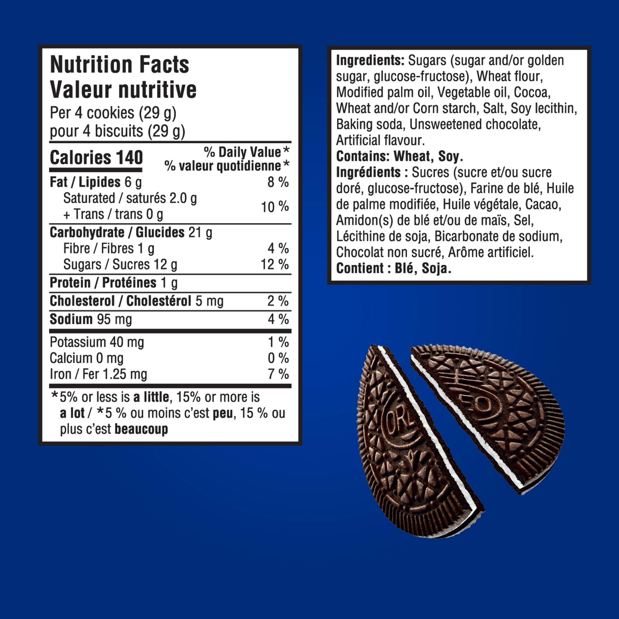 Oreo Thins Chocolate Sandwich Cookies, 261g/9.2 oz., Package, nutrition facts and ingredients label.