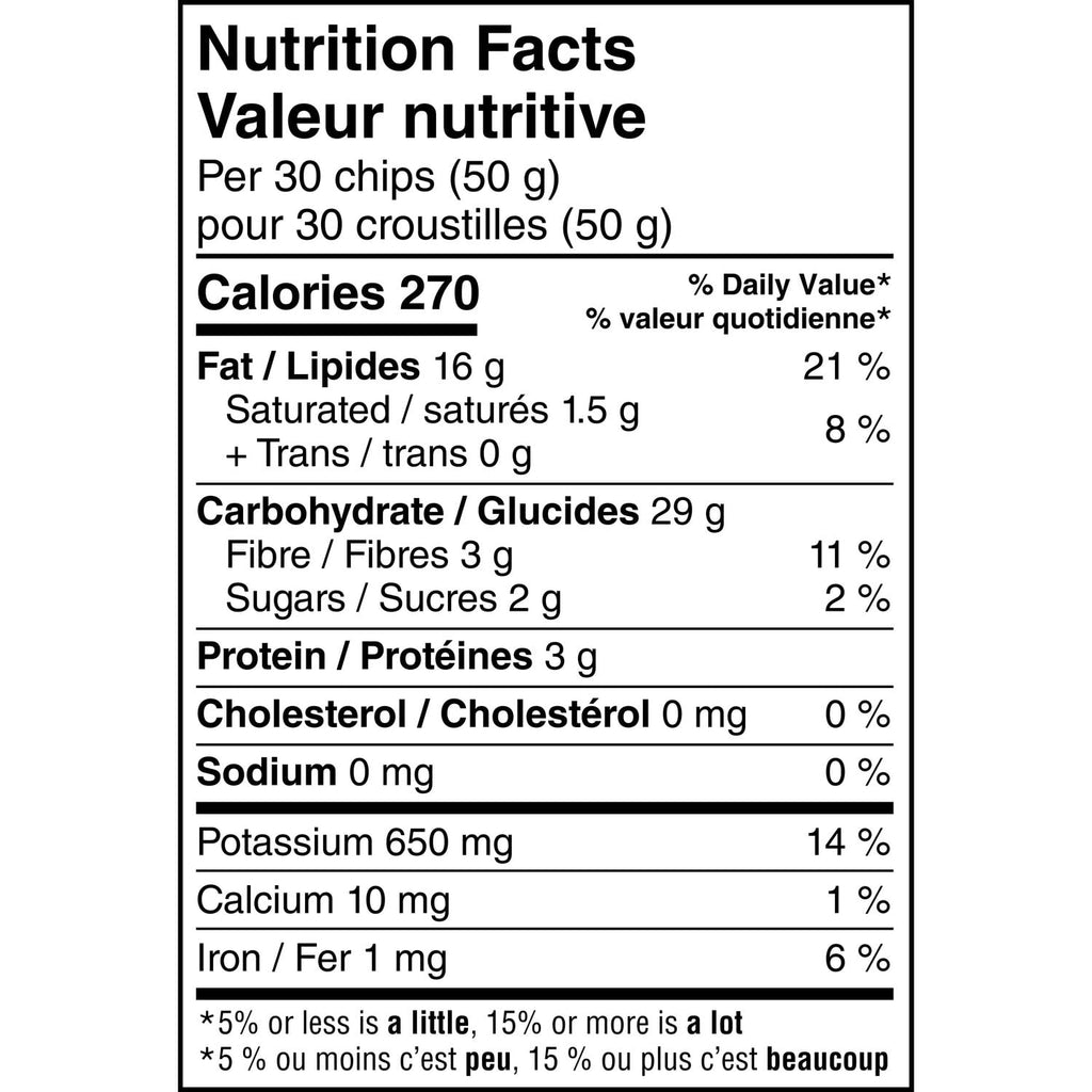 Miss Vickie's Kettle Cooked Unsalted Potato Chips, 200g, nutrition facts label.