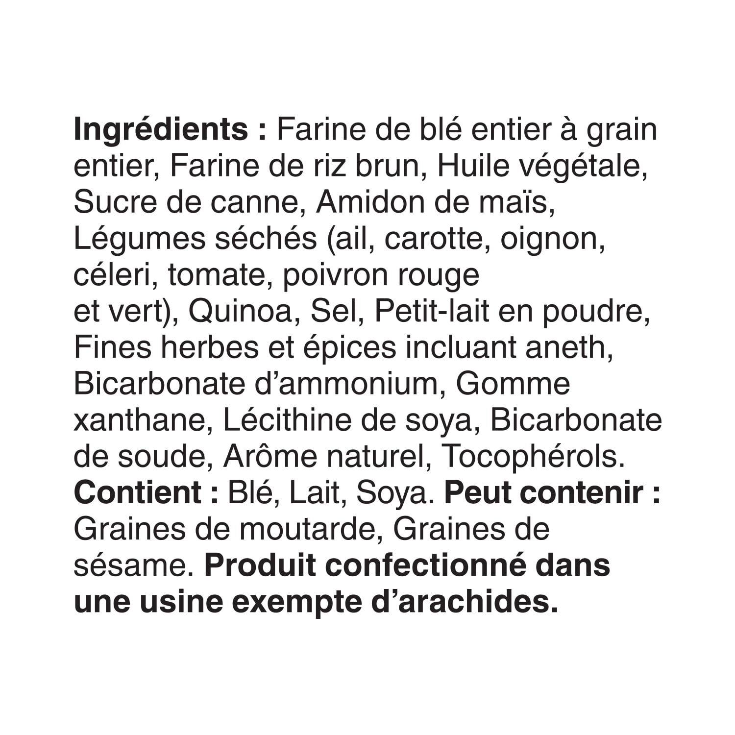List of ingredients and allergen information in French for Dare Breton Simple Goodness Dill & Herb Crackers, 180g/6.3 oz on a white background