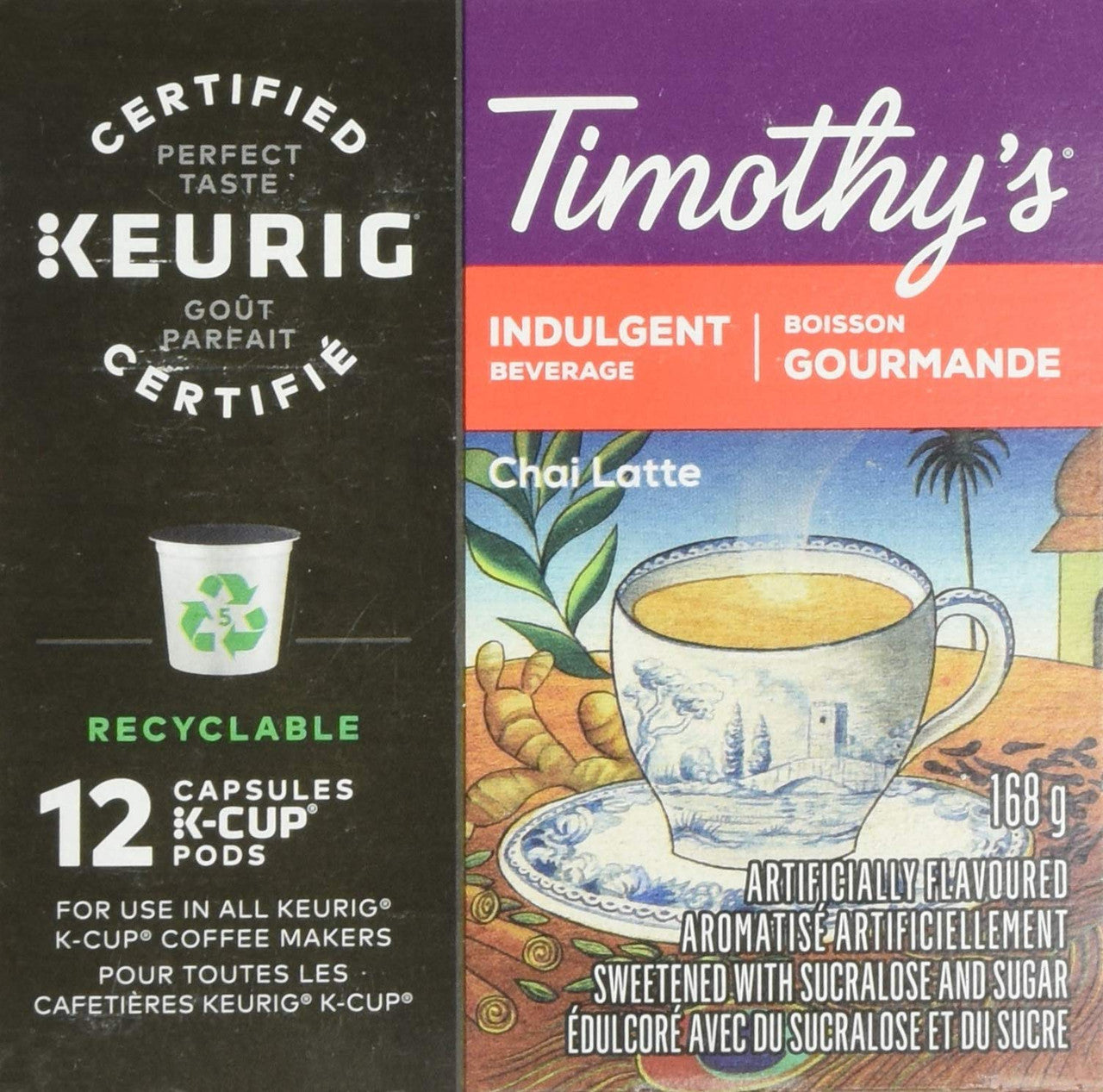 Timothy's Chai Latte Single Serve Keurig Certified Recyclable K-Cup pods for Keurig Brewers, 12 Count {Imported from Canada}