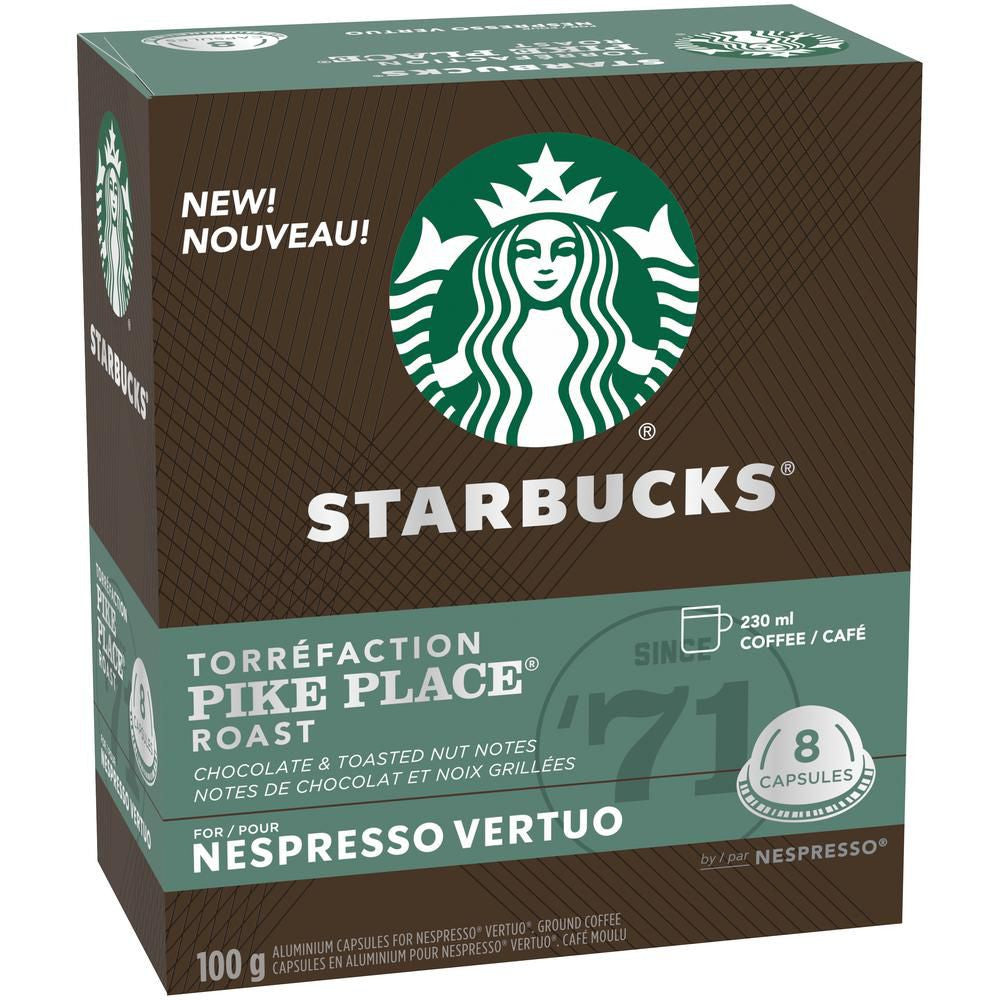 Starbucks Pike Place Medium Roast Coffee, Capsules for Nespresso Vertuo, 8 count, 100g/3.5 oz. Box {Imported from Canada}