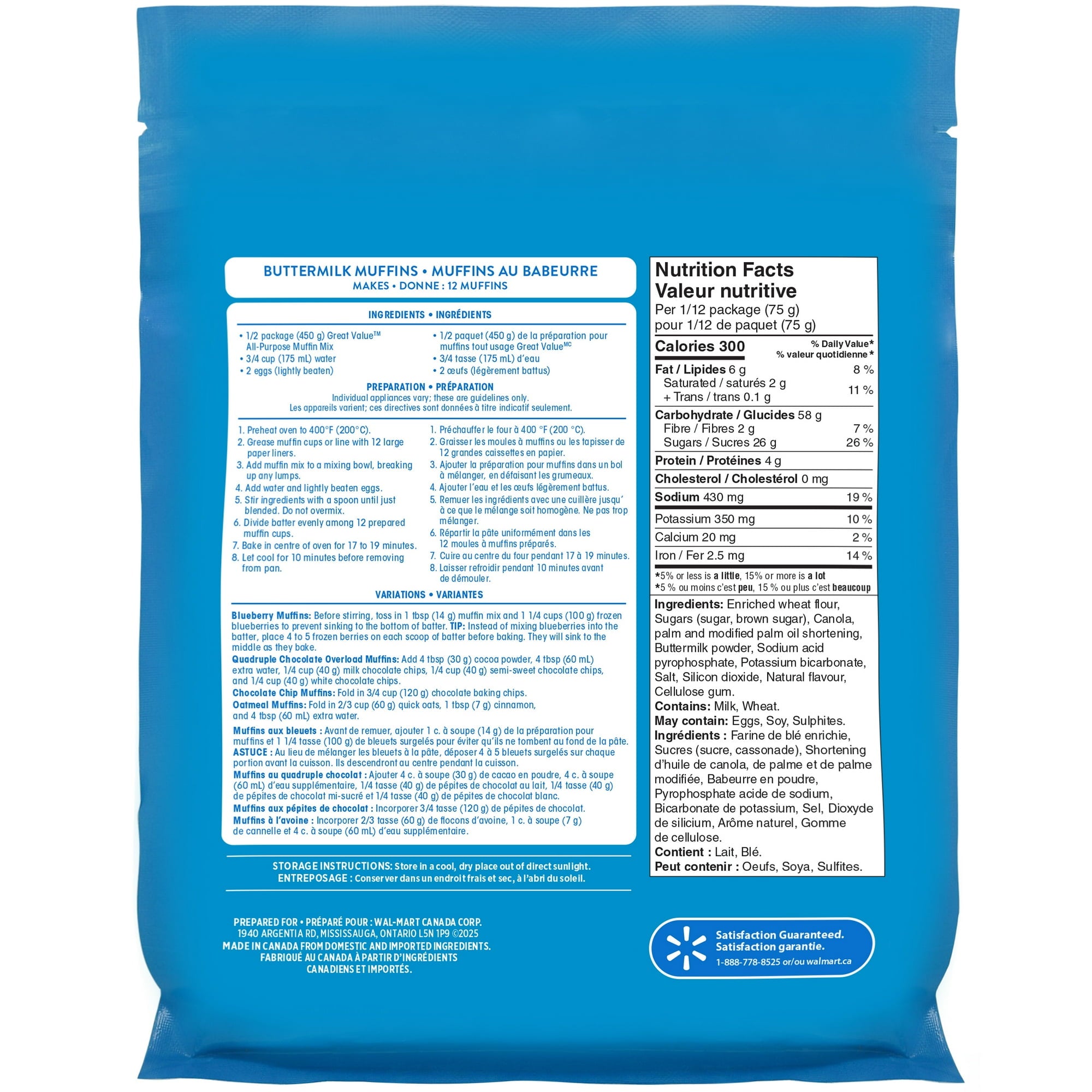 Great Value All Purpose Muffin Mix, Makes 24 Muffins - 900g package with nutrition facts label on a white background