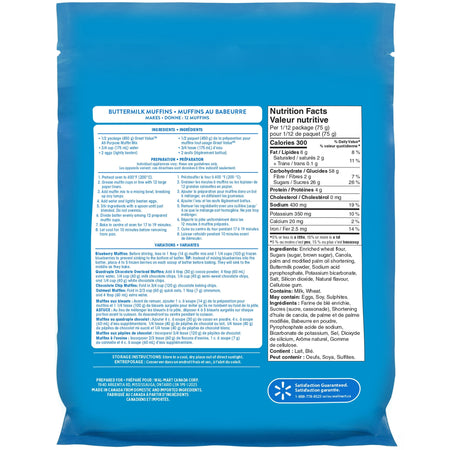 Back package of Great Value All Purpose Muffin Mix, Makes 24 Muffins - 900g on a white background