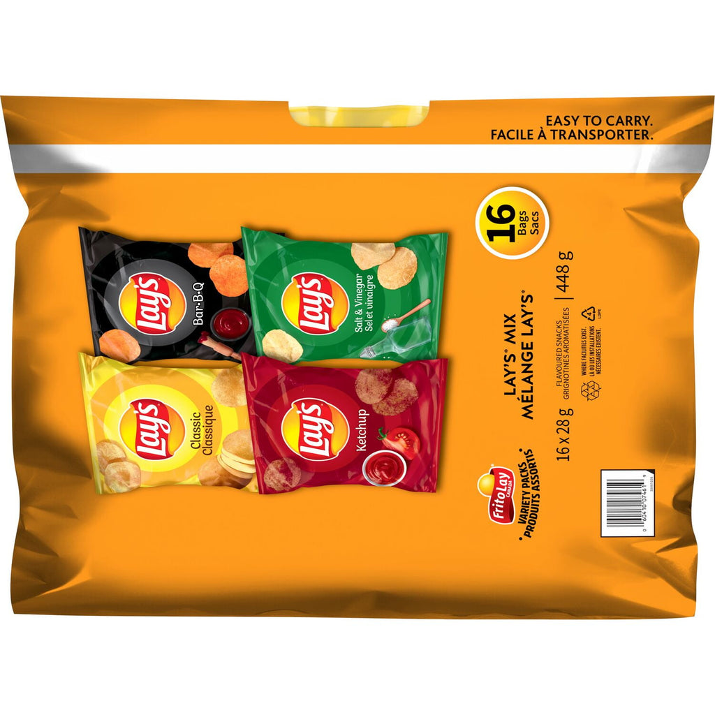 Frito-Lay Chips Variety Pack, Lay's Mix, Classic, BBQ, Ketchup, Salt & Vinegar Flavors (16ct x 28g), 448g, back of pack.