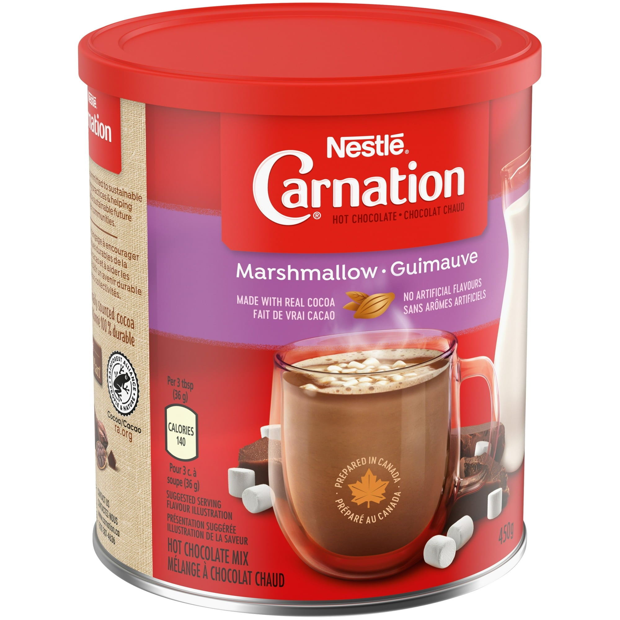 Nestle Carnation marshmallow hot chocolate mix canister with red lid