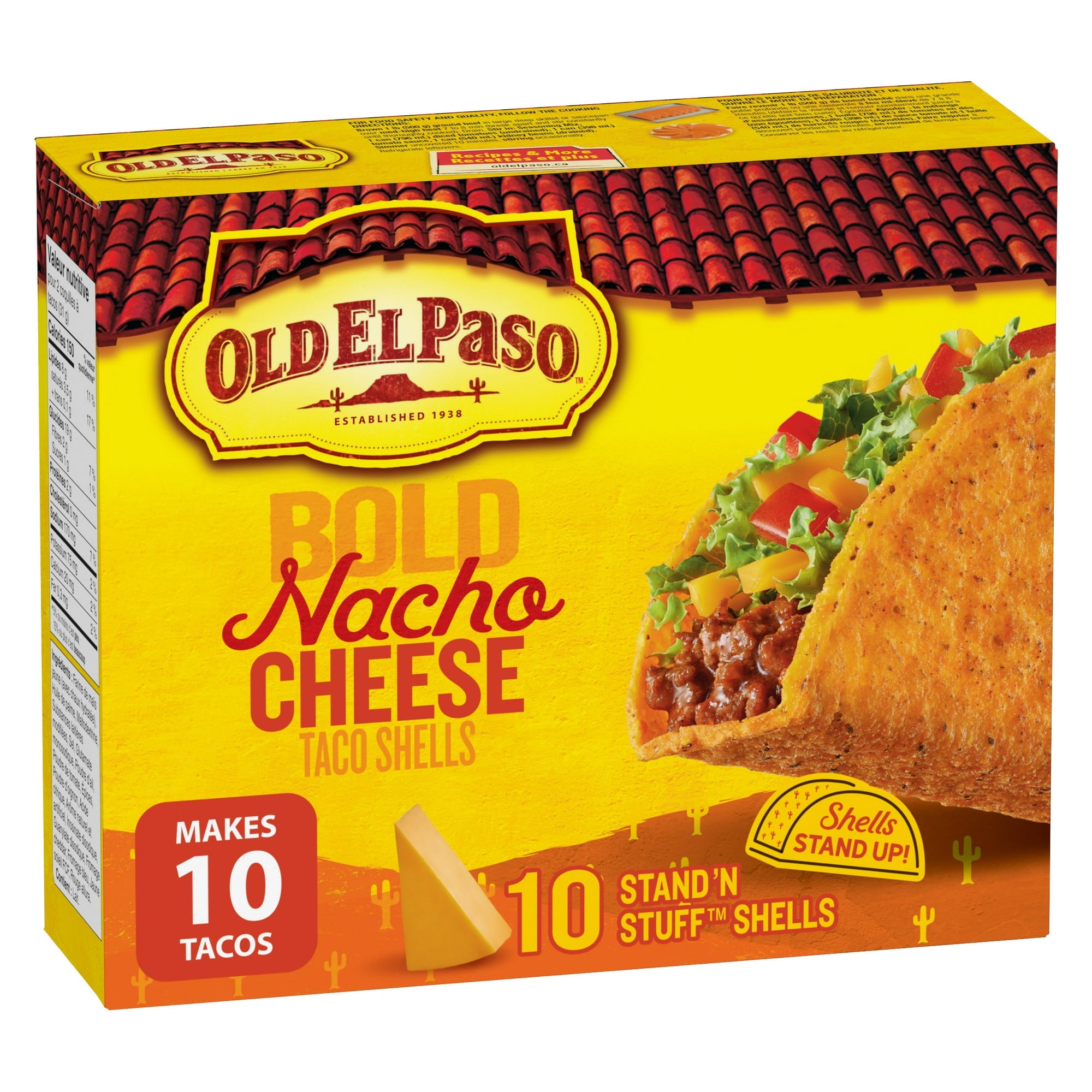 Box of Old El Paso Bold Nacho Cheese Taco Shells with a taco and cheese on a yellow background.