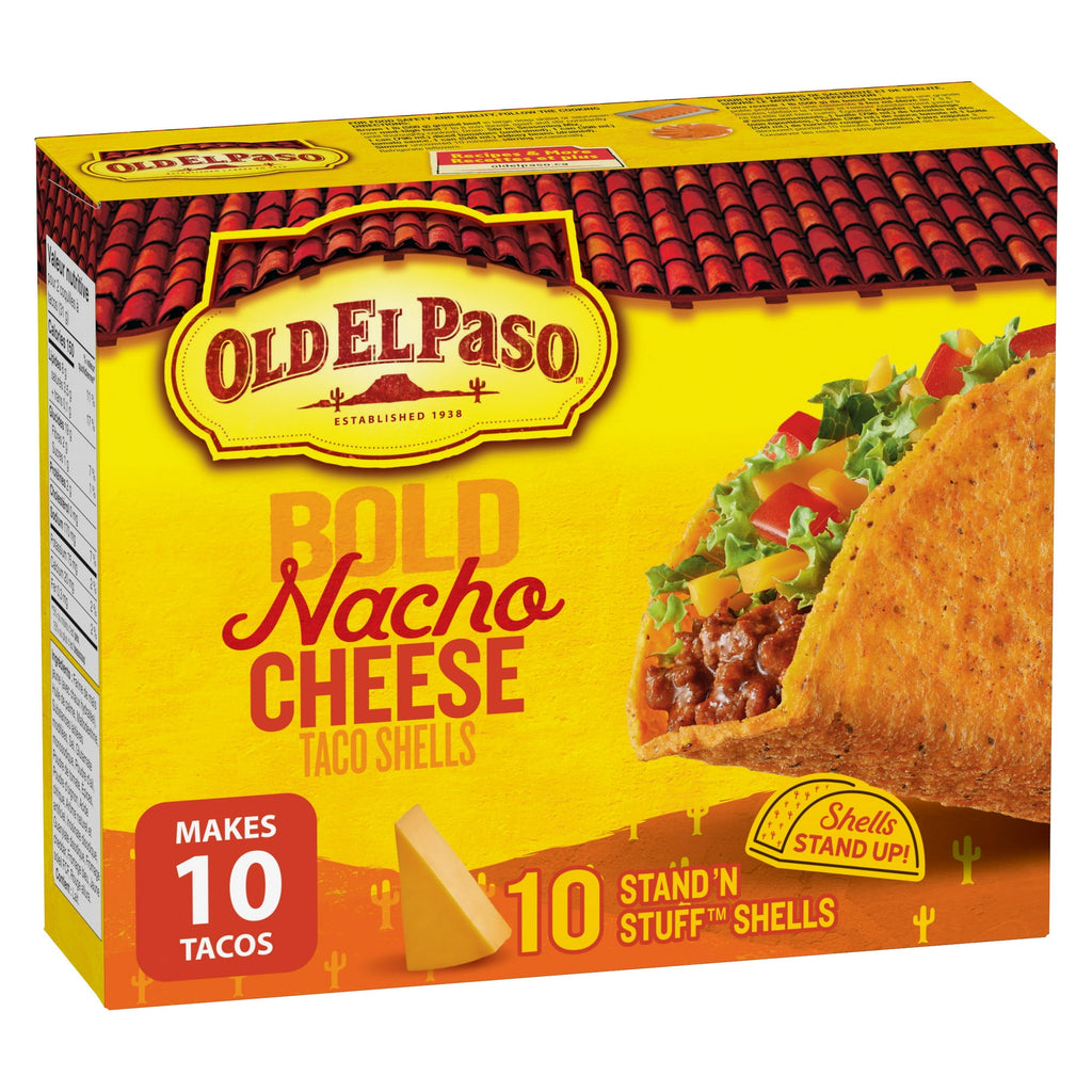 Box of Old El Paso Bold Nacho Cheese Taco Shells with a taco and cheese on a yellow background.