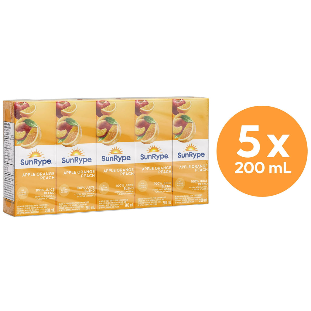 SunRype Apple Orange Peach Juice Boxes Perfect for On-The-Go, 5x200ml, 1L/33.8 fl. oz. - Front Of Pack