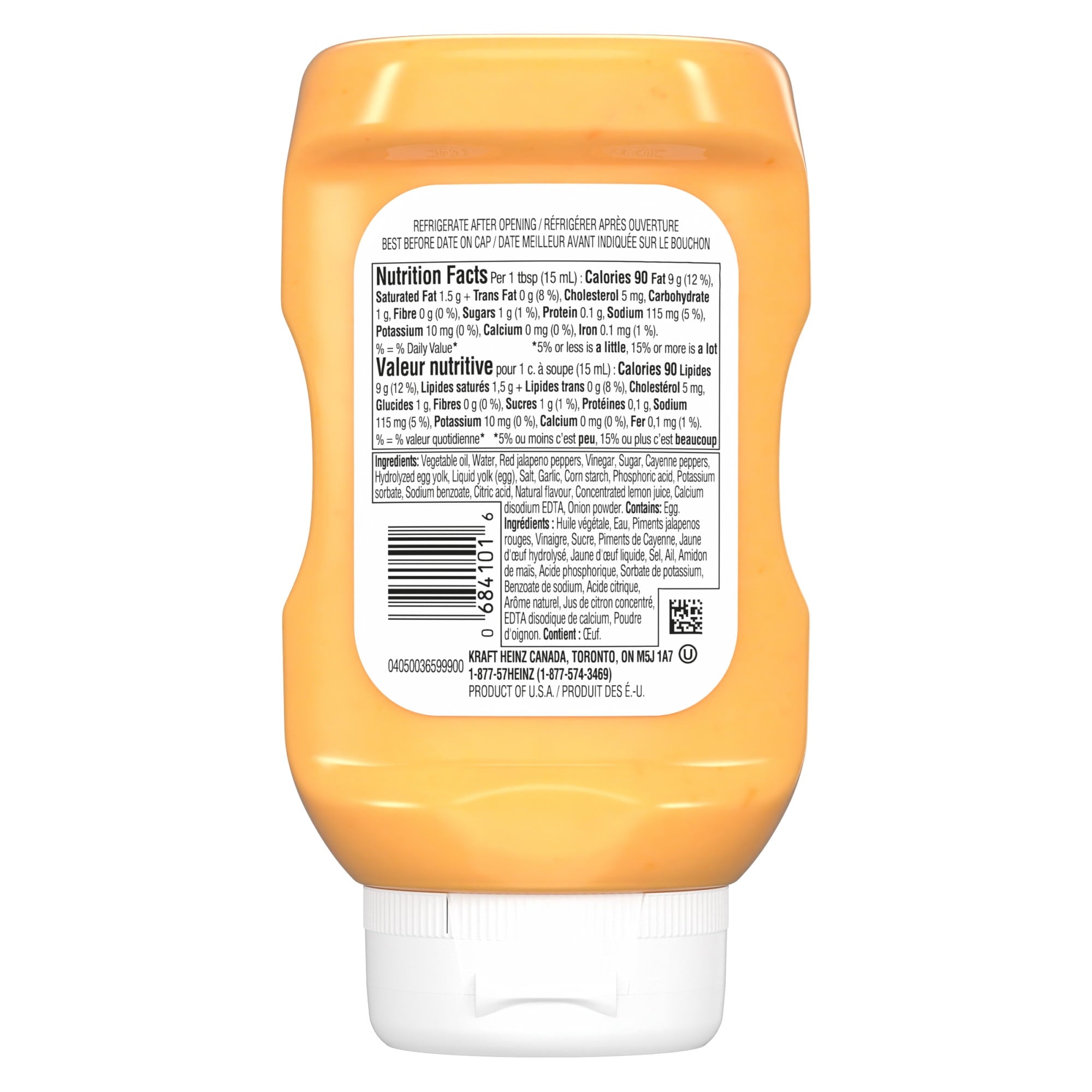 Back of a Heinz Sriracha Mayonnaise Sauce 340ml bottle with nutrition label on a white background