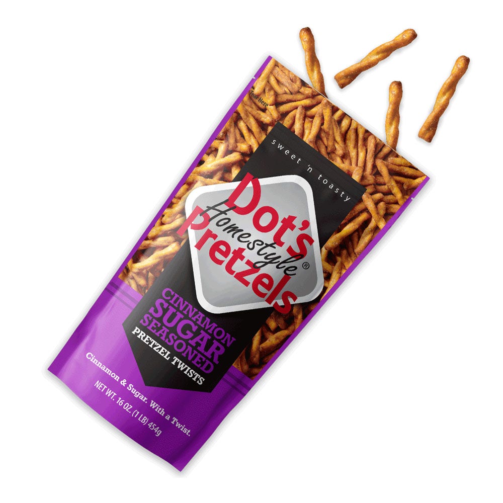 Dot's Cinnamon Sugar Homestyle Pretzel Twists, 454g, front of bag.